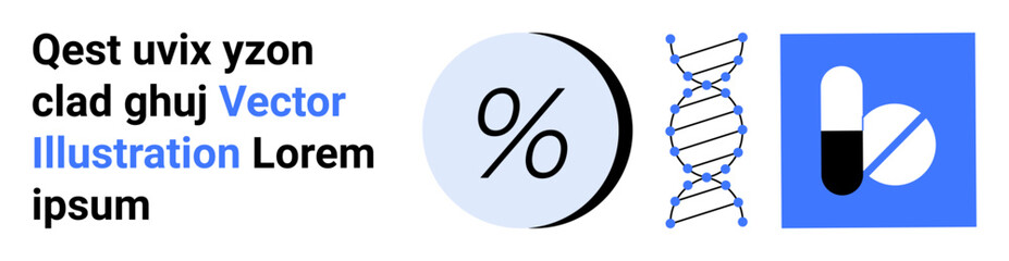 DNA helix structure, percentage symbol, and capsule graphic. Ideal for medical, pharmaceutical, educational, scientific research, data analysis, healthcare marketing, and biotech presentations
