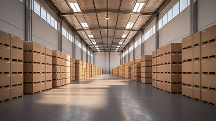 Modern warehouse interior with optimized storage shelves and ample natural light, showcasing organized boxes and spacious layout