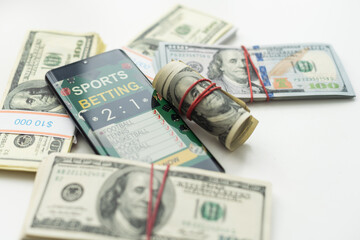 Sport betting online banner concept. app online bet on soccer. Mobile phone with soccer field on screen and realistik football ball in front. illustration