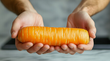 Person holding a large carrot with both hands on a marble surface