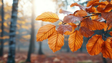 A close-up of vibrant autumn leaves with droplets, set against a misty background, capturing the essence of fall in a tranquil forest.