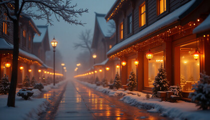 A street scene with a Christmas tree in the foreground