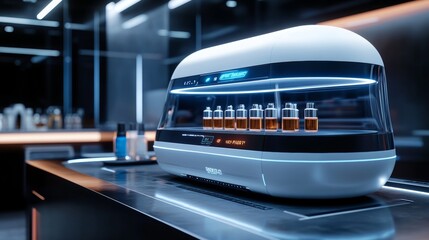 Futuristic fragrance mixer creates personalized perfume blends using AI technology in a sleek setting