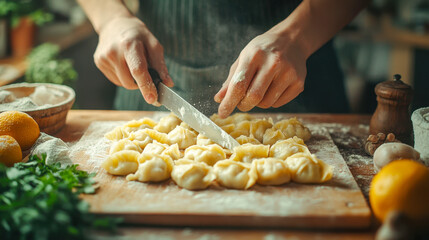 Person preparing homemade dumplings with flour and knife in cozy kitchen setting