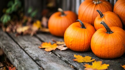 A cozy autumn scene featuring vibrant orange pumpkins on a wooden surface, surrounded by fallen leaves.