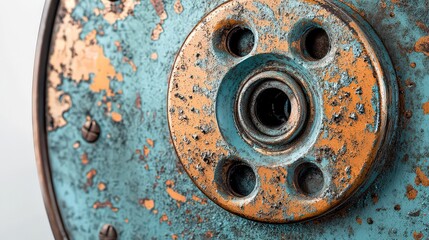  Close-up of rusty, weathered metal with peeling turquoise and orange paint, highlighting aged industrial textures and vintage charm.
