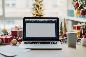 A cozy workspace decorated for the holidays, featuring a laptop, gifts, ornaments, and a warm drink, creating a festive atmosphere for productivity.