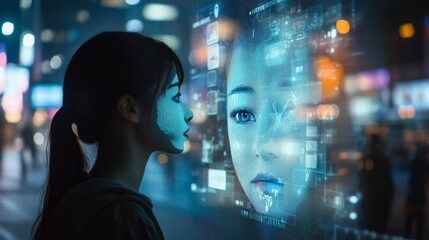 Person analyzing AI driven emotion recognition data on a digital interface at night in an urban setting