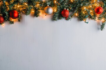 A festive arrangement with Christmas decorations featuring green pine needles, colorful ornaments, and twinkling lights against a plain background.