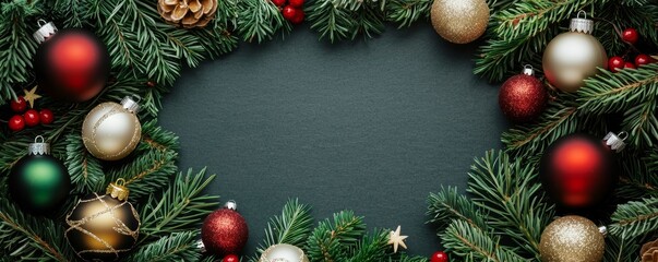 A festive Christmas wreath decorated with vibrant ornaments, creating a cheerful holiday frame on a dark background.