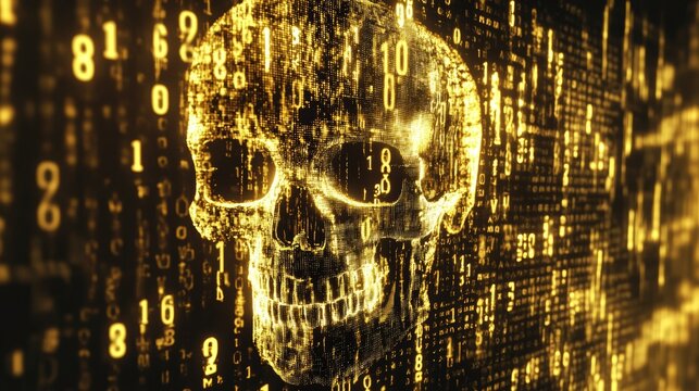 A digital skull created from numbers against a dark background featuring a modern bit effect