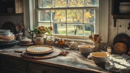  Rustic kitchen bustling with Thanksgiving preparations, ingredients spread across counter in lively scene, capturing warmth nd joy of holiday cooking.