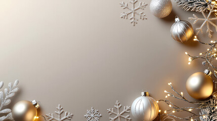 Elegant arrangement of silver and gold Christmas ornaments, snowflakes, and fairy lights on a soft beige background