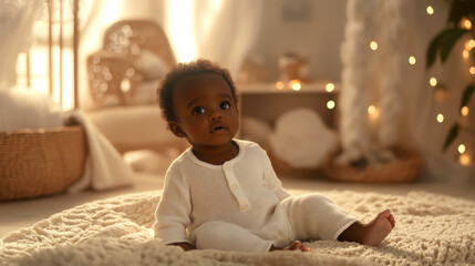Fototapeta premium Adorable baby in cozy pajamas surrounded by warm lighting and soft textures
