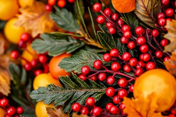 Obraz premium A vibrant arrangement of red berries, yellow fruits, and autumn leaves, capturing the essence of fall and festive celebrations.