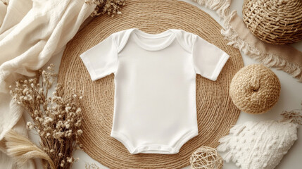 Minimalist baby onesie on rustic woven mat with neutral decor
