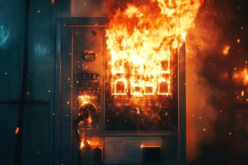 An electrical panel engulfed in flames. This image illustrates the dangers of electrical fires and the importance of fire safety precautions.