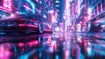 Fototapeta premium A futuristic car drives through a city at night, illuminated by neon lights.