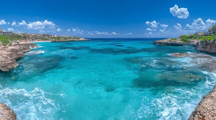 Obraz premium A vibrant coastal scene featuring clear turquoise waters and rocky shores.