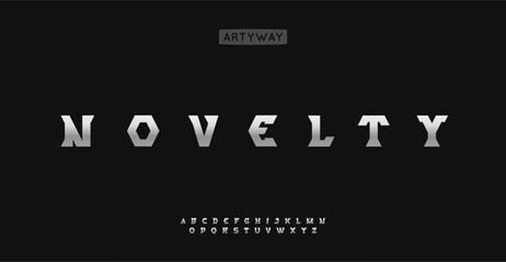 Metallic angular alphabet, bold sleek letters, chrome tech font for edgy logos, futuristic headlines, industrial typography. Vector typeset.