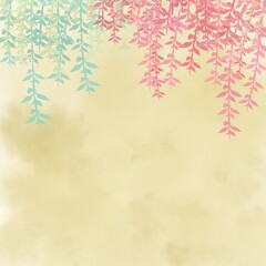 Obraz premium Vibrant purple and orange wisteria vines intertwine, creating a delicate floral border against a pastel tone watercolor background. Serene and whimsical copy-space.