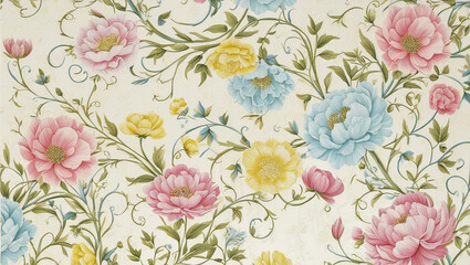 wallpaper with a flower and plant theme with a cream colored background