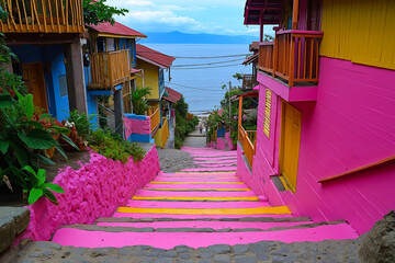 A set of stairs painted in bright pink and yellow with a view of the ocean