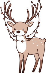 Fototapeta premium Cute Cartoon Reindeer with Christmas Lights Wrapped Around Antlers