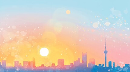 Fototapeta premium Silhouette of a city skyline at sunrise with pastel-colored clouds in pink, purple, and yellow hues. Digital illustration for background, poster, and wall art.