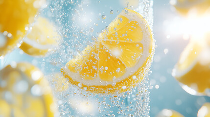 Lemon slices submerged in sparkling water, releasing refreshing bubbles in a bright setting