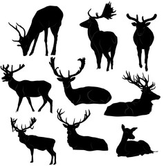 collection of black silhouettes of deer on a white background