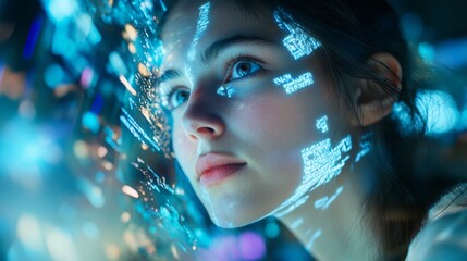 Digital Dreamscape: A young woman's face is subtly overlaid with futuristic data streams, creating a captivating portrait that blends human beauty with technological advancement.