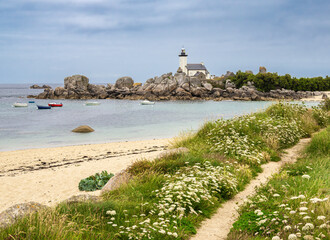 Lighthouse of Pontusval, Wildflowers and Calm Waters, boats