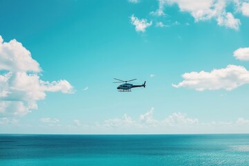 Helicopter flying over the sea. Perfect for travel and adventure themes.
