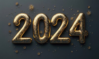 3D golden 2024 numbers with glitter on a dark background, illuminated by glowing lights
