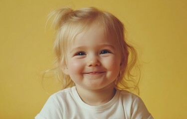 Naklejka premium A cheerful girl with blonde hair and blue eyes smiles against a vivid yellow background, her matching shirt enhancing the lively feel.