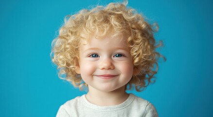 Naklejka premium Girl with beautiful curly blonde hair and bright blue eyes, smiling warmly. light blue background complements her lively curls and cheerful expression, creating soft and charming look.