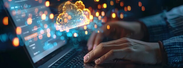 Weather icon with hands typing on a laptop with cloud environment change technology icons floating above, indicating the use and management of AI in data visualization design for web development.