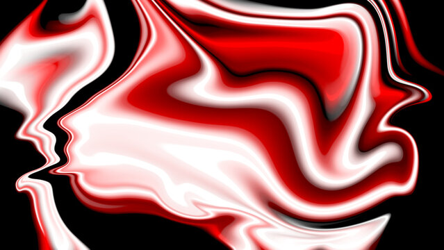 Red, white, black abstract swirls on black background.