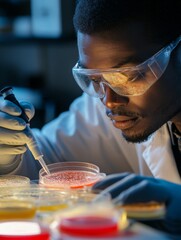 Vertical shot of African American male microbiology scientist wearing magnifying glasses working with pipette while studying microscopic organisms in petri dish at workstation in laboratory