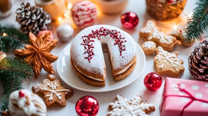 Fototapeta premium Festive dessert spread featuring a decorated cake and cookies on a cheerful holiday table.