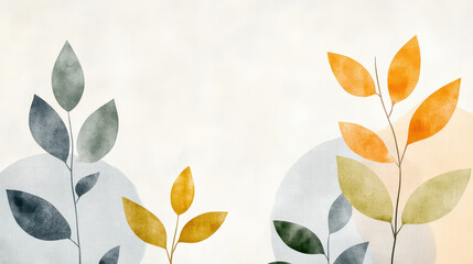 Minimalist botanical watercolor illustration with abstract leaves in autumn tones
