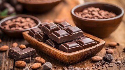 A delicious arrangement of dark chocolate pieces and cocoa beans on a wooden table.