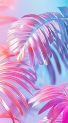 Tropical Palm Leaves in Pastel Pink and Blue Background