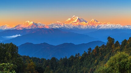 A panoramic view of the snow-capped Himalayas at sunrise, with layers of mountains and forests in the foreground.