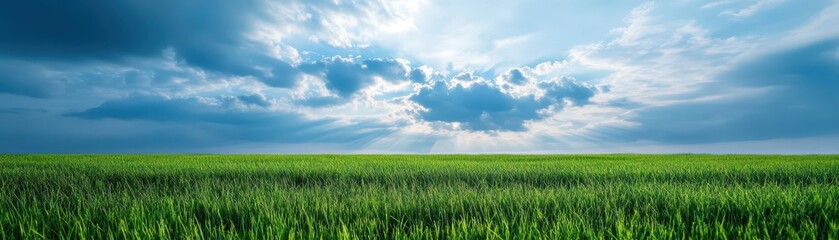 Fototapeta premium Expansive grassy plains stretch beneath a dramatic cloudy sky, evoking a sense of tranquility and nature's beauty.