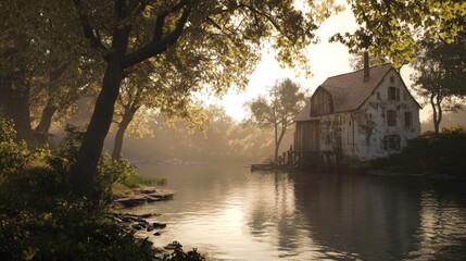 Fototapeta premium A historic mill by a river, surrounded by trees, 