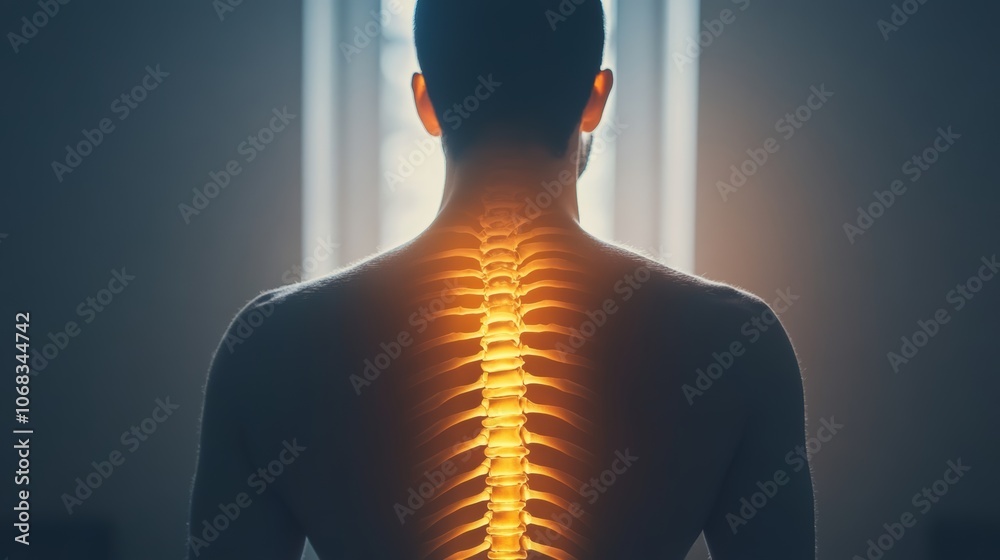 Poster Man is posing in front of a window with the bones of his spine illuminated, suggesting discomfort or a medical condition