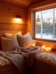 Fototapeta premium Cozy corner adorned with soft blankets and plush pillows, perfect for relaxation and comfort.