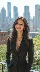 Fototapeta premium A confident woman in a suit smiles against a city skyline backdrop.